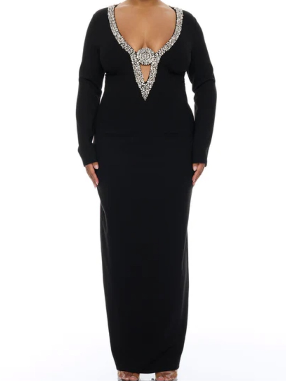 Plus Size Black Maxi Dress with Jeweled V-Neck